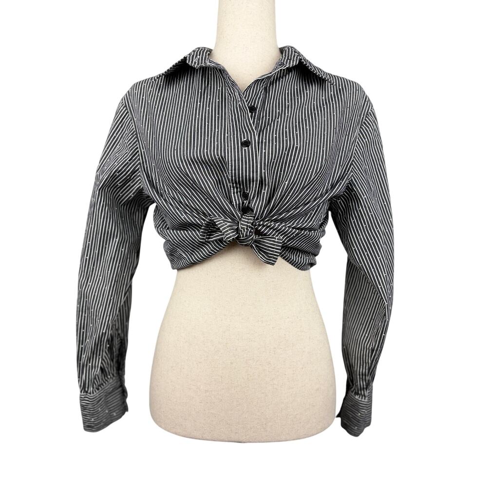 Velvet Heart Striped Cropped Blouse Size M Black White Button Front Top